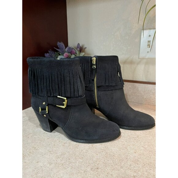Lauren Ralph Lauren Black Suede Fringe Ankle Boots With Gold Buckle & Side Zippe - Picture 4 of 8